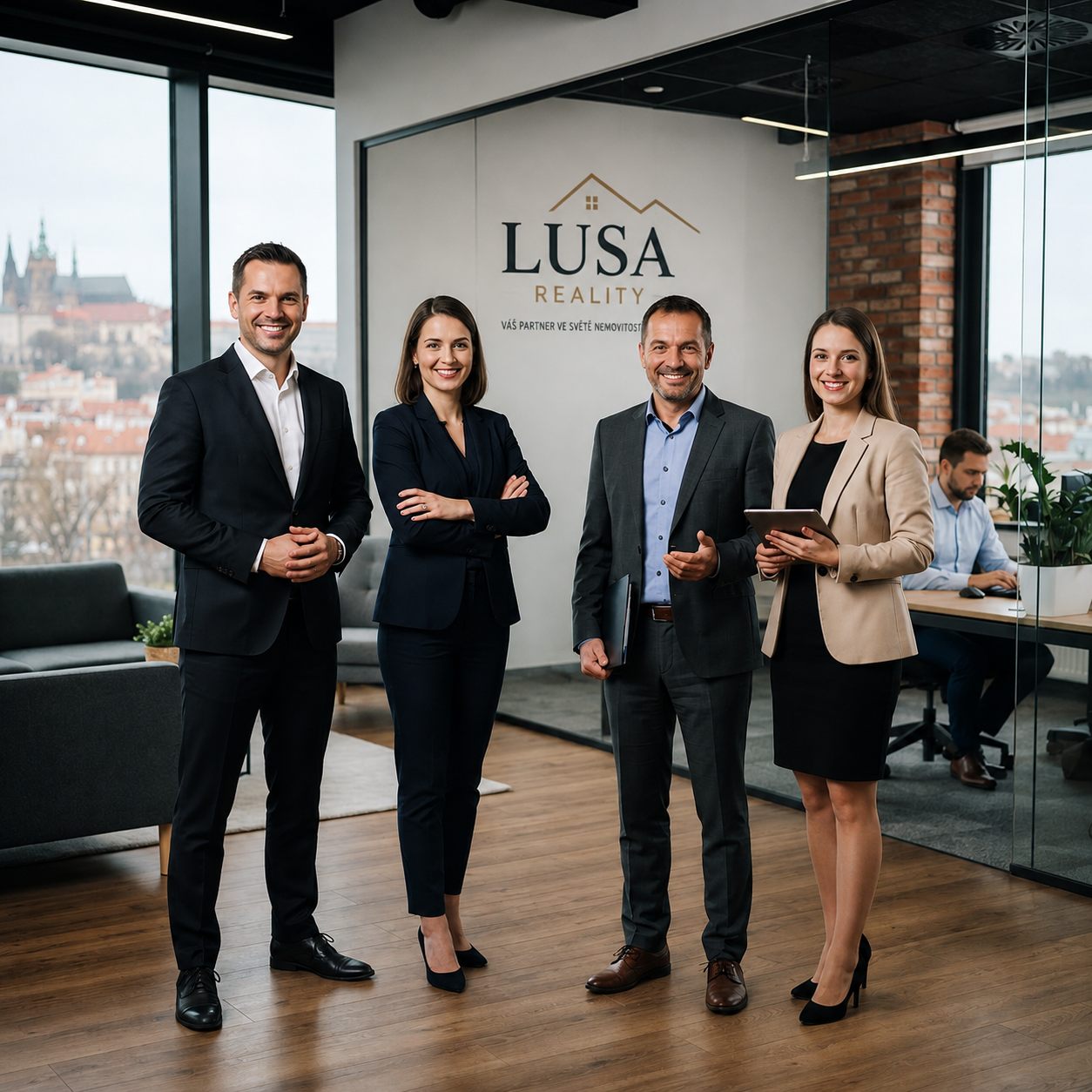 Tým makléřů LUSA Reality v kanceláři s výhledem na Prahu